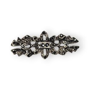 Vintage Black Rhinestone Bar Brooch Art Deco Style Antiqued Silver Tone 1.75"